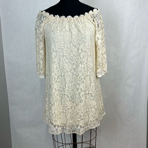 Umgee Womens Lace Off Shoulder Natural Cream Ivory Mini Dress Sz Medium Lined - Picture 1 of 11